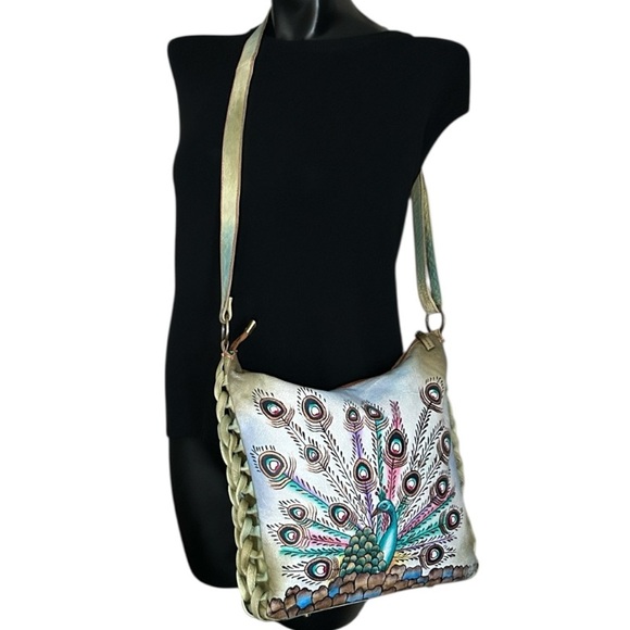 Magnifique Hand Painted Peacock Leather Crossbody Bag with Side Braid Accent - Picture 3 of 13